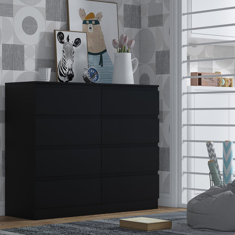Takeyla 8 Drawer Wide 4+4 Chest Of Drawers, Black