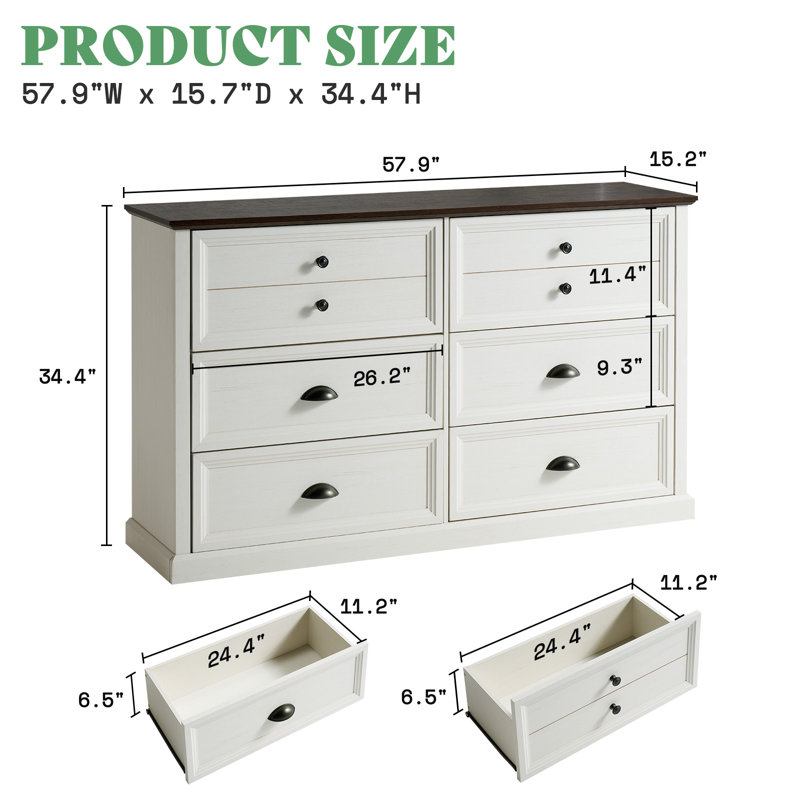Commode 6 tiroirs 58 "Farmhouse, Blanc / Brun