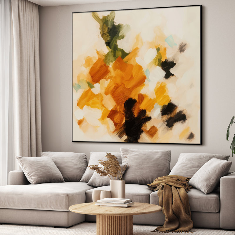 Très grande reproduction d'art abstrait coup de pinceau abstrait - jaune et noir audacieux pour un salon ou une chambre à coucher, assemblage de cadre requis