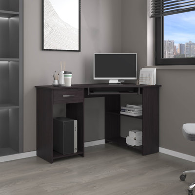 Bureau d'angle en forme de L peu encombrant avec deux tablettes latérales, noir et noyer foncé