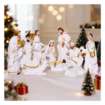 Crèche de Noël de 12 pièces, blanche, 20 cm