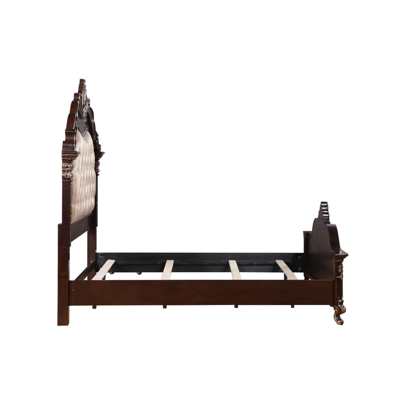 Beige and Brown Upholstered Queen Wood Panel Bed