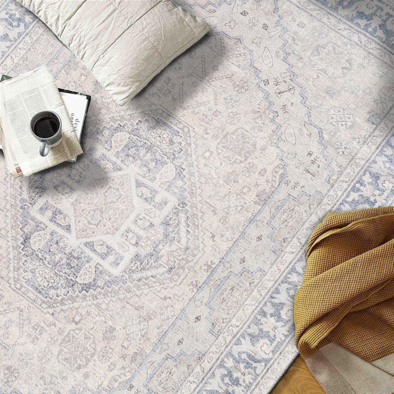 Tapis bleu tissé à plat lavable Valora avec envers antidérapant, Runner 2'6" x 6'