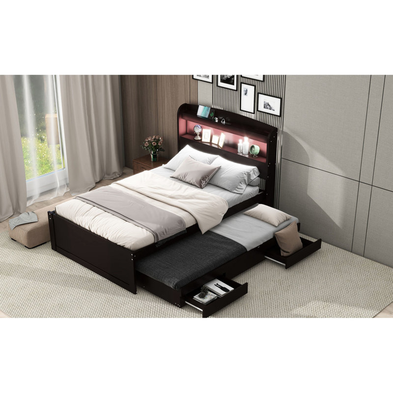 Lit plateforme simple TG avec grand rangement, tête de lit à DEL, charge, 2 tiroirs, lit gigogne, espace de rangement brun précieux, tête de lit et