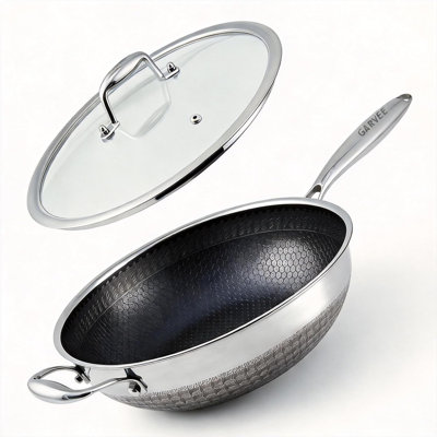 Stainless Steel Wok Pan with Lid, 5L Hybrid Nonstick, 13-Inch Diameter, Induction Compatible, for Modern Kitchen Cooking