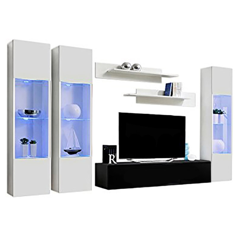 Narberth 120" Modern Floating Wall Mounted Entertainment Center with 16-Color LED Lighting, High Gloss Finish, White/Black