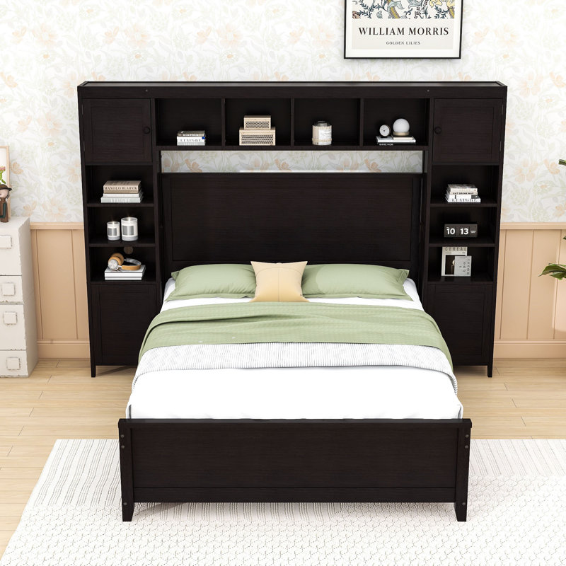 Lit double en bois avec rangement intégré et tablettes décoratives, Espresso