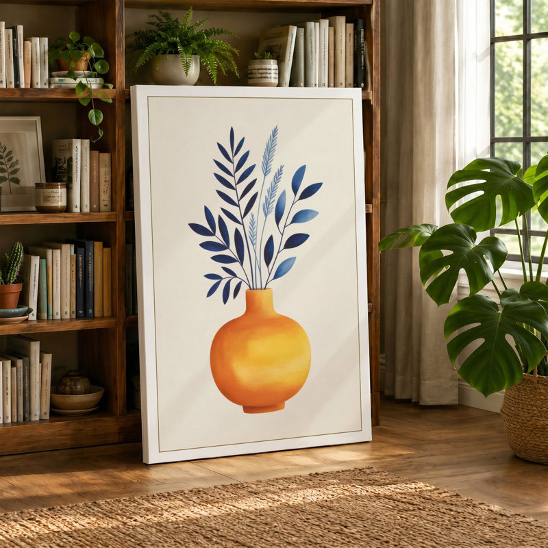 Blue Stems in Gold Botanical 1 Piece Wrapped Canvas Wall Art, 30x20 - 76.2 x 50.8 cm, Terracotta Border