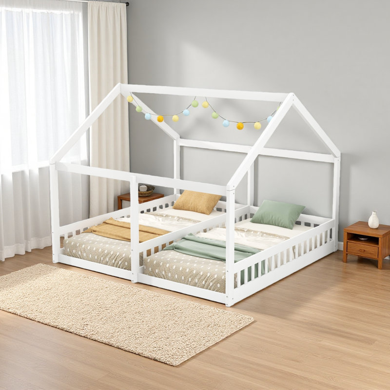 Twin Size House Platform Beds,Two Shared Beds, White