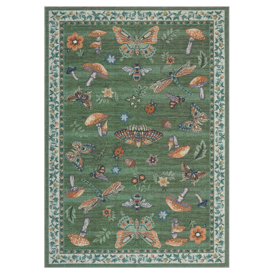 Floral Machine Washable Rug with Non-Slip Backing, Soft Thin Low Pile Non Shedding Floor Carpet, Indoor Foldable Printed Accent Mat for Living Room/Nursery/Bedroom