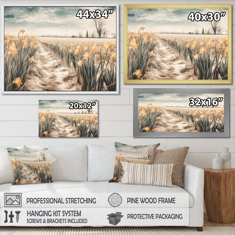 «Aniel Yellow Beige Natures Impression Daffodil», reproduction sur toile, H 30 po x l 40 po x P 1,5 po, Cadre simple noir