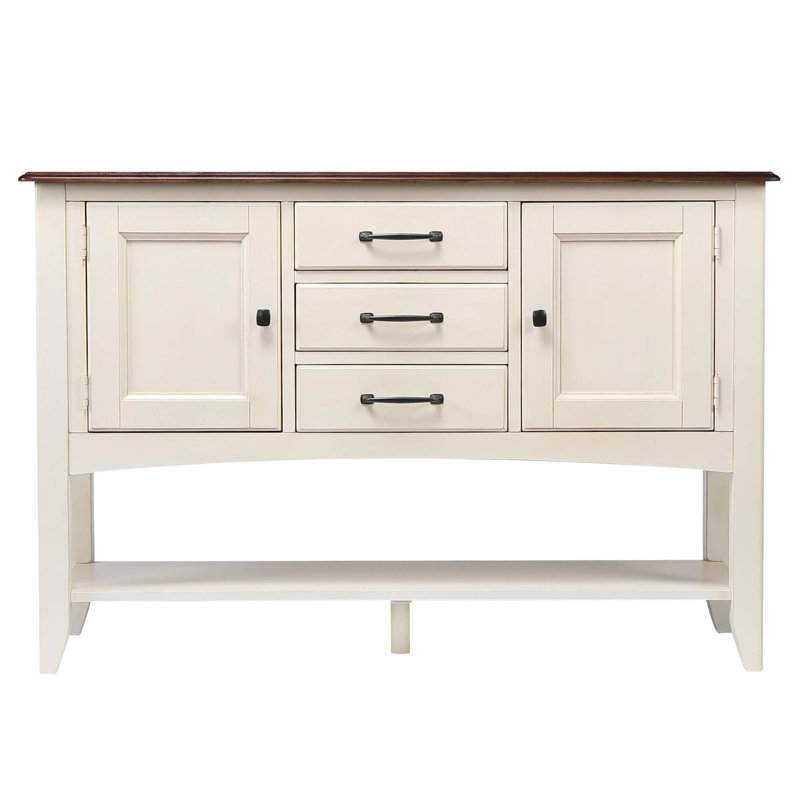 Buffet avec grande tablette Zechari | 3 tiroirs 2 armoires de rangement | Blanc antique et brun châtaignier