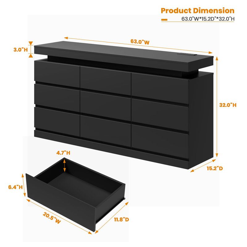 9 Drawer Dresser with LED Lights & Charging Station, 63" Wide Modern TV Stand Storage Cabinet, Black
