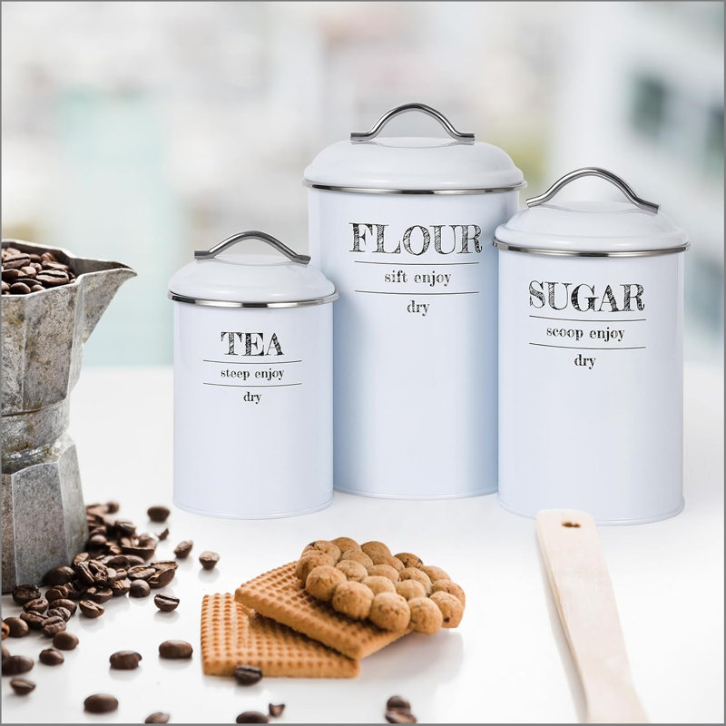 Kitchen Canisters Set Of 3, Food Storage Containers For Countertop, Large Airtight Flour Sugar Tea Containers With Lids, White Farmhous Decor,Type C