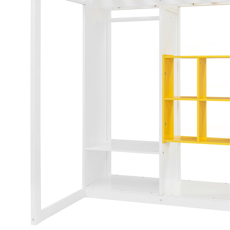 Lit mezzanine simple en bois avec garde-robe, tablettes et armoire, blanc et jaune