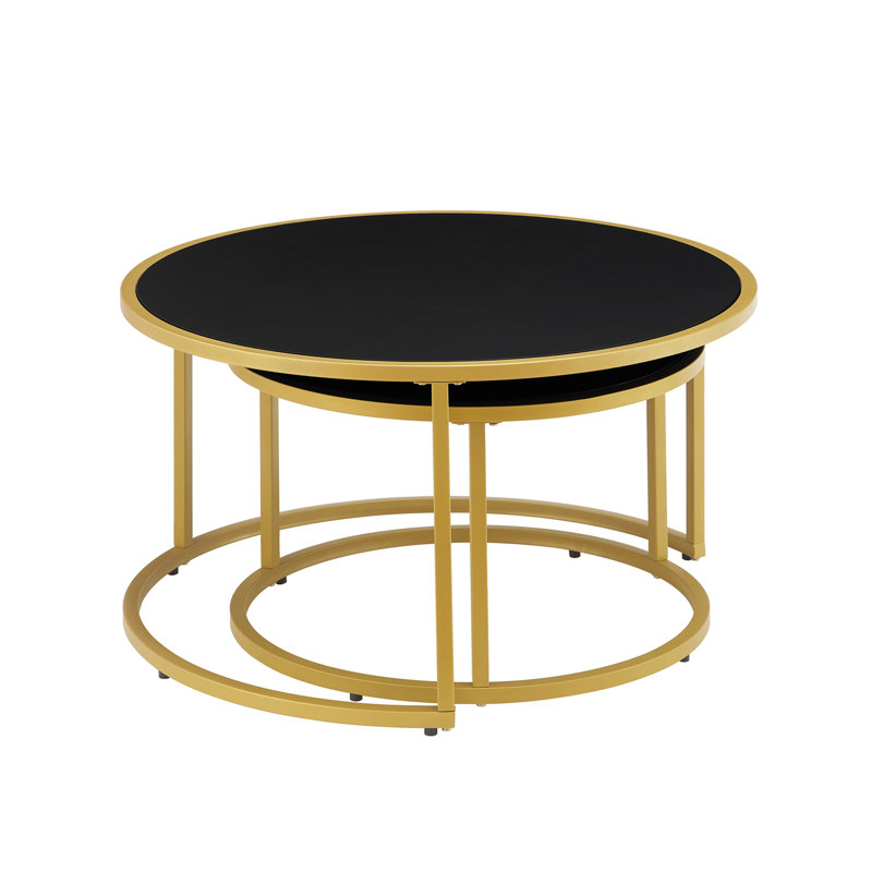 Modern Faux Leather Nesting Round Coffee Table With Golden Metal Base,Accent Tea Table For Living Room Set Of 2, Black