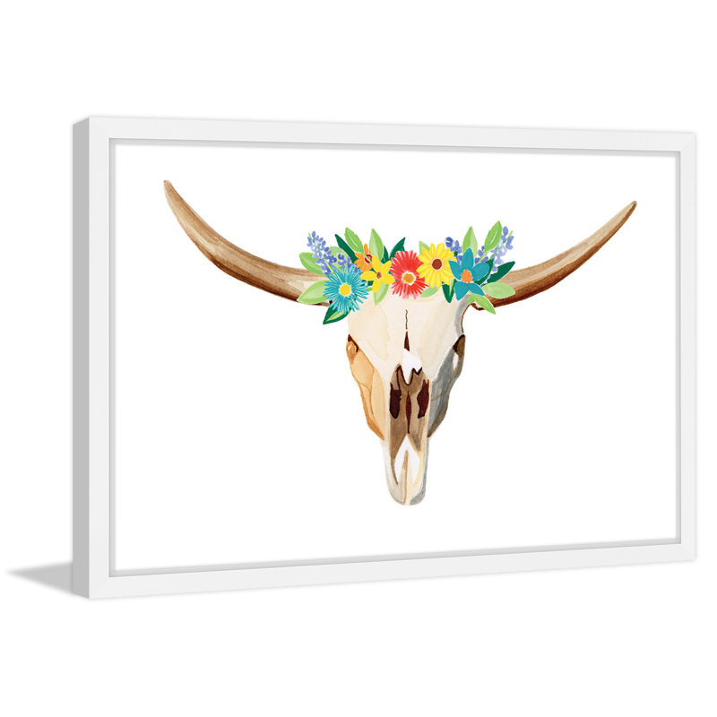 Floral Longhorn Canvas Print with White Frame