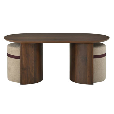 Ensemble table basse ovale en bois avec 2 poufs assortis (brun)