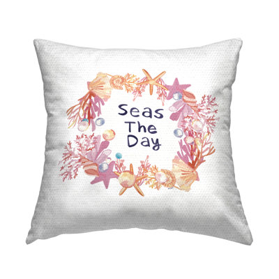 Seas The Day Seashell Ocean Botanical Wreath Outdoor Printed Pillow by Amelia Noyes