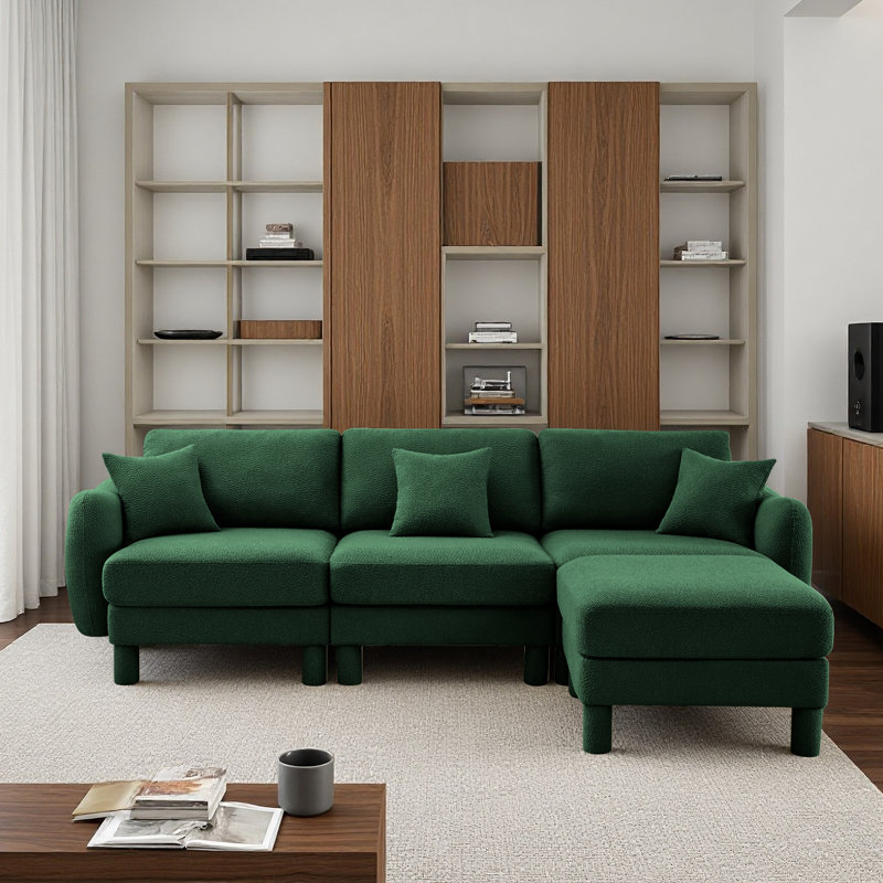 Boucle Fabric Convertible L Shape Sectional 3-Seater Sofa Couch With Distinctive Shell-Shaped Armrests And Removable Ottoman