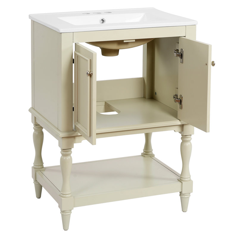 Meuble-lavabo moderne de luxe avec lavabo en céramique, armoire de salle de bain avec tablette ouverte et rangement fermé