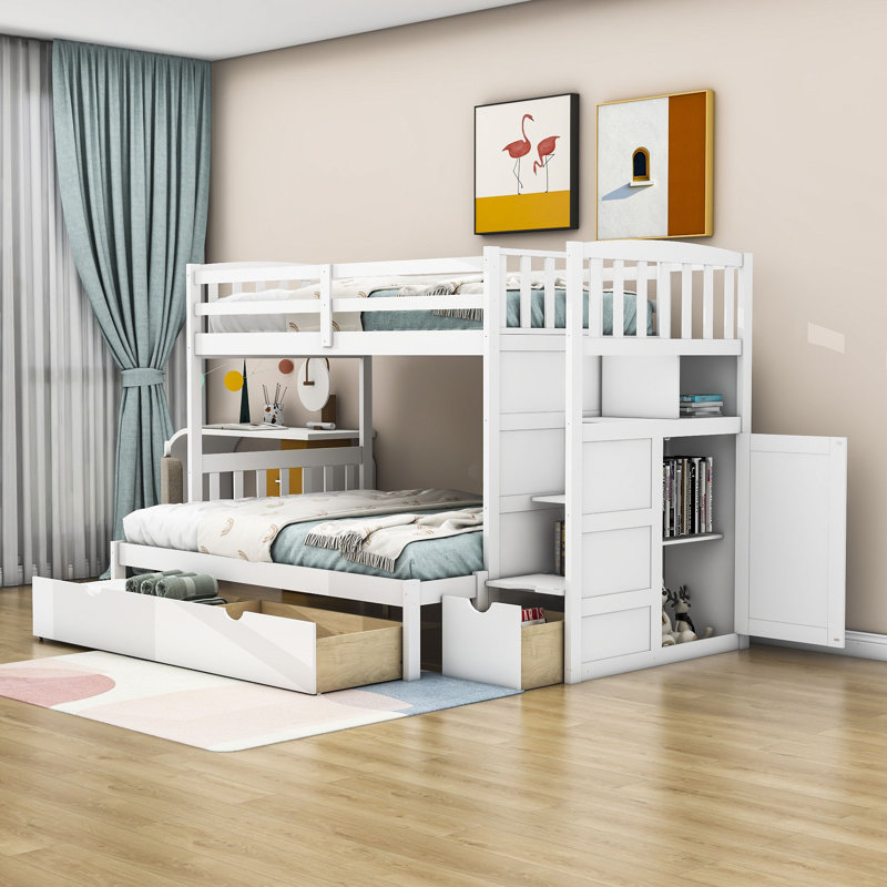 Lit superposé simple au-dessus de simple / double à 3 tiroirs avec tablettes de rangement et lit inférieur convertible Eadon Kids