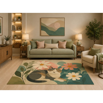 "Ultra Lightweight" 5'x7' Scandinavian Floral Cat Area Rug Cute Sleeping Kitten Daisy Garden Botanical Design for Living Room Bedroom Nursery Kids Room Non-Slip Silicone Backing Low Pile