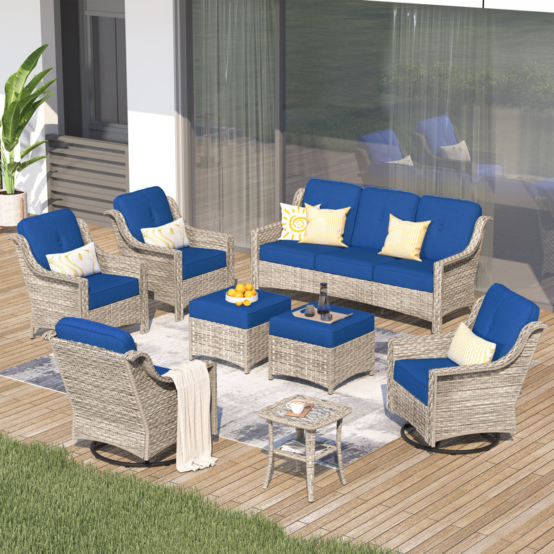 7 - Person Wicker Outdoor Conversation Set, Patio Sofa & Swivel Chair Set with Cushions, Navy