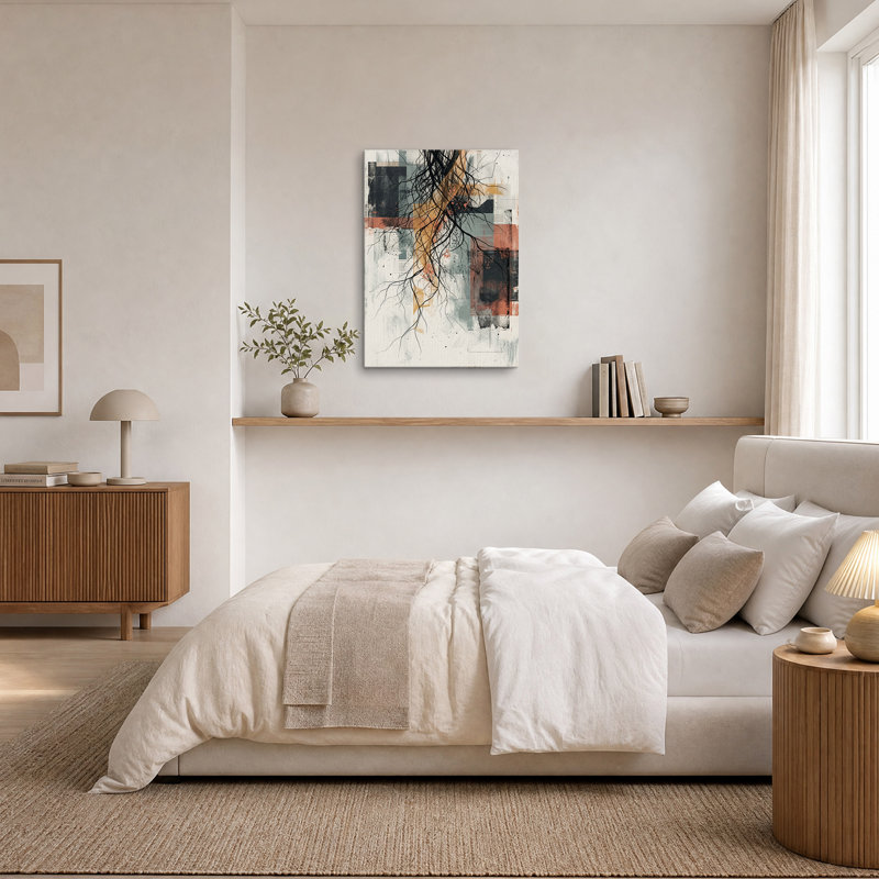 Racines noires enchevêtrées sur toile murale à blocs géométriques rouille et gris, H 18 po x l 12 po
