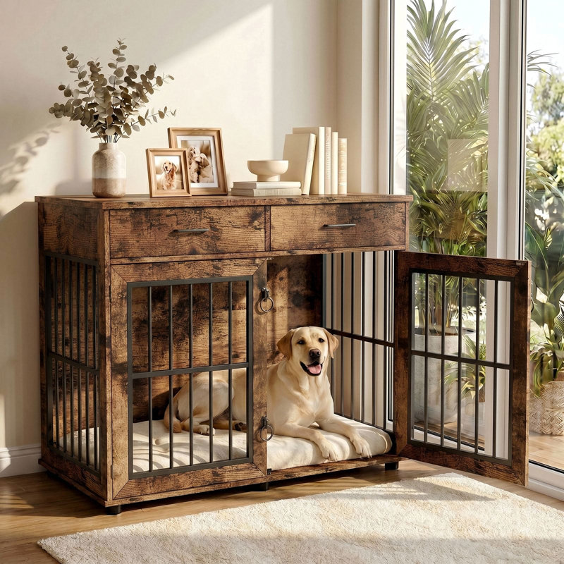 Meuble pour chien en bois 43,3 pouces avec 3 portes et 2 tiroirs, chenil pour grands chiens, Brown