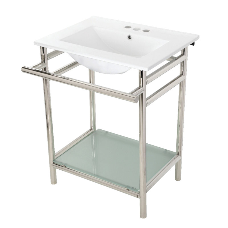 Lavabo console Kingston en céramique Sheridan 24 pouces avec pieds en acier inoxydable et tablette en verre (3 trous) Kingston