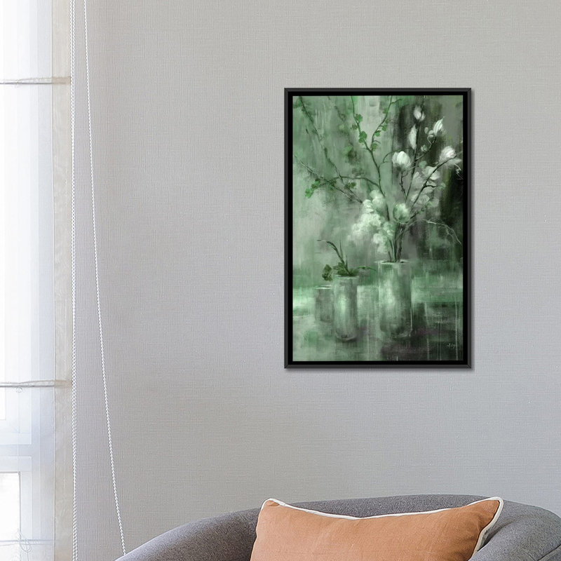 Floral argent, Vert, Toile à cadre flottant noir, H 26 po x l 18 po