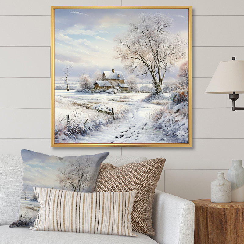«Farmhouse Snow Winter Scenery» - art mural neige, H 30 po x l 30 po x P 1 po, Cadre flottant doré