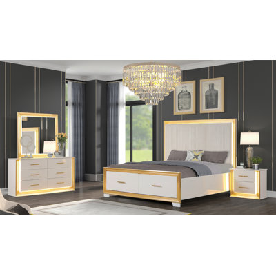 Ensemble de chambre à coucher pour lit très grand 4 pièces de style contemporain OBSession en bois et finition dorée (NJ Inventory)