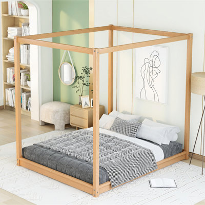 Grand lit à baldaquin naturel avec pieds de soutien - structure en bois de pin stable, configuration de matelas frais, baldaquin élégant, plateforme avec effet de refroidissement sous le lit, look de chambre à coucher moderne, air personnalisé