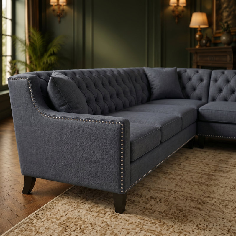 Canapé d'angle modulaire en forme de L, Chesterfield moderne de style Mid-Century avec dossier capitonné et garniture cloutée, structure renforcée robuste, résistant aux taches et aux égratignures, accueillant les animaux de compagnie, confort de soutien pour le salon