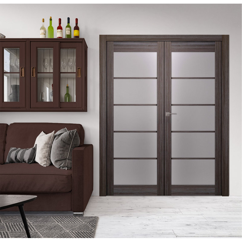 Gray Oak Frosted Glass Double Prehung French Door