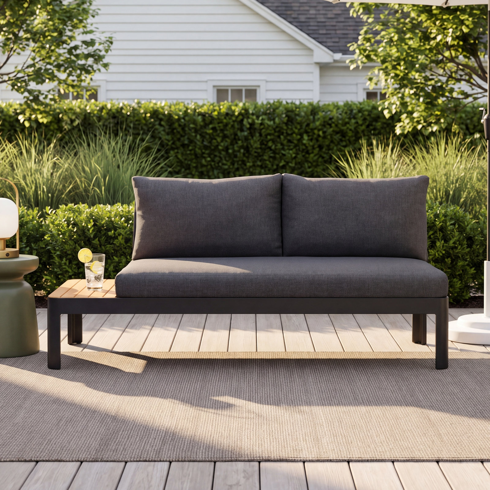 Brix 68" Teak Patio Loveseat, Black Frame/Dark Gray Cushion