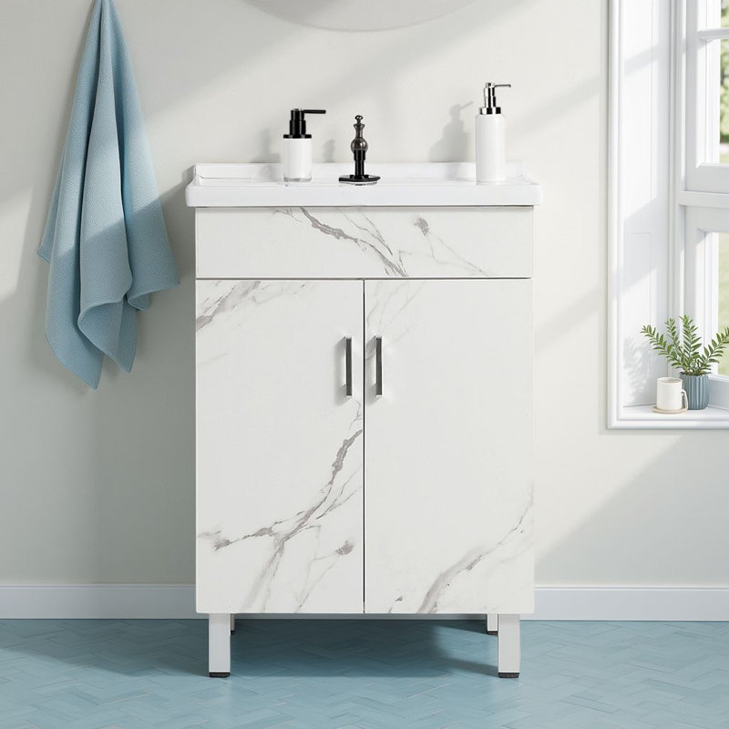 Meuble-lavabo de 24 po avec lavabo en céramique - Portes peu encombrantes et peu encombrantes?
