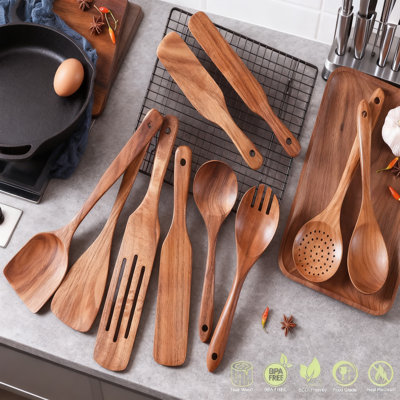 Ensemble d'ustensiles en bois de teck 10 pièces pour la cuisine, cuillères et cuillères en bois naturel pour batterie de cuisine antiadhésive, ustensiles de cuisine résistants à la chaleur