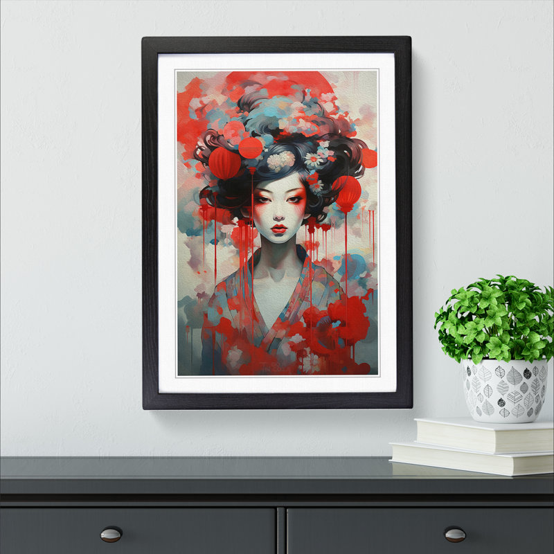 Geisha Dadaism Art - Framed Print, 46cm H x 34cm W, Black Framed