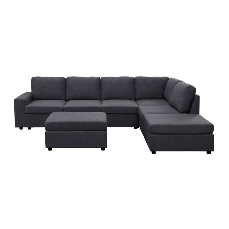 Canapé modulaire avec repose-pieds en lin gris foncé Cassia, Dark Grey Linen