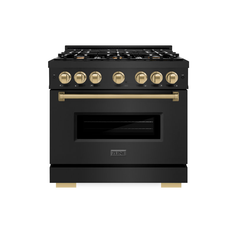 ZLINE Autograph 36" Classic Black Stainless Gas Range w/ 6 Burners & Gold Accents, Champagne Bronze