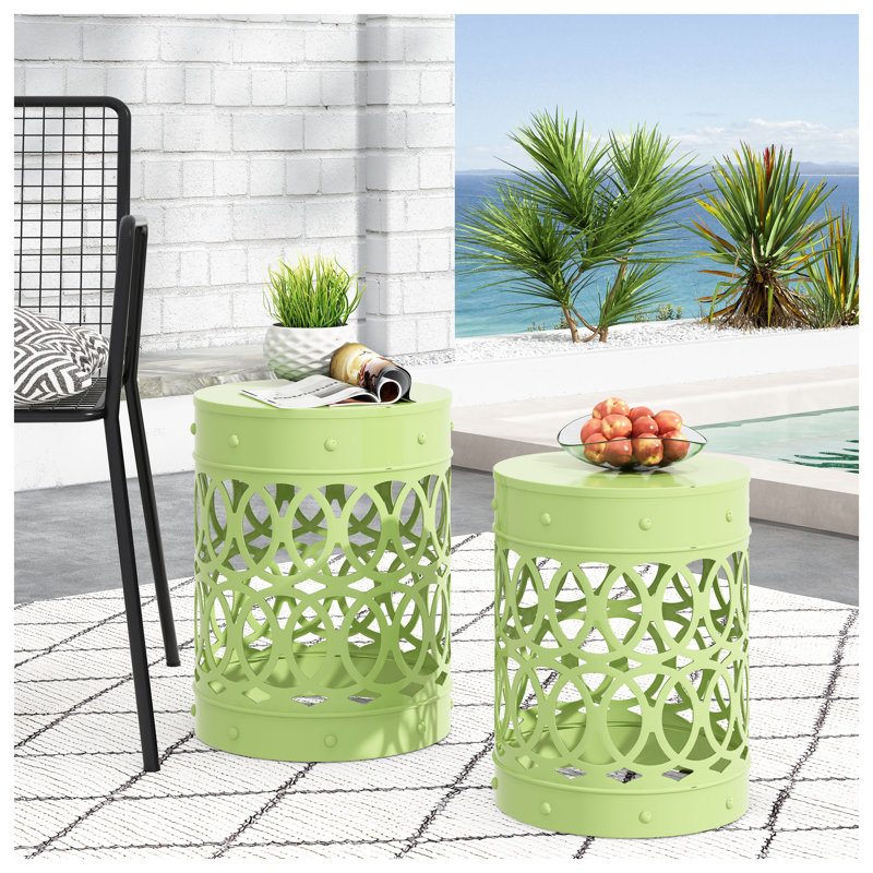 Ensemble de 2 tables d'appoint vertes en métal avec base cylindrique, Vert
