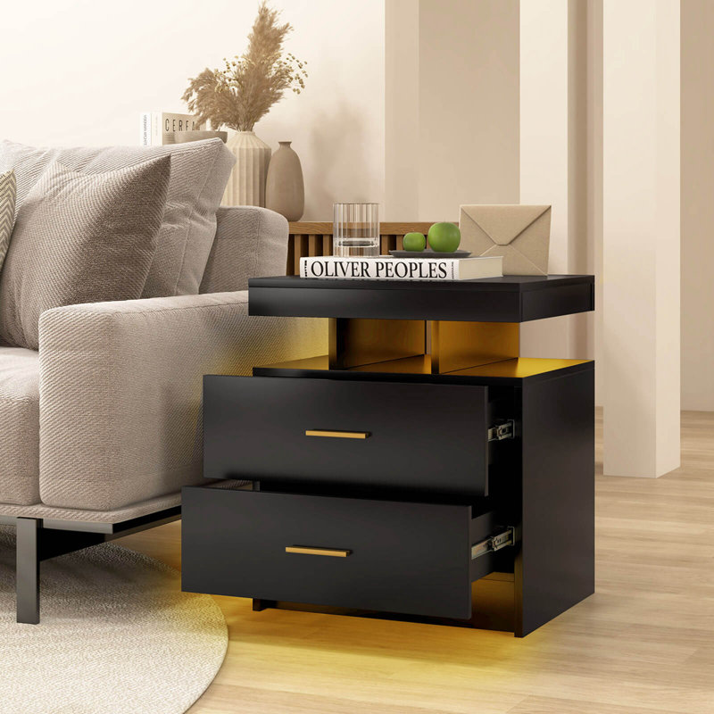 Ivy Bronx Led Nightstand Set Of 2 With 2 Storage Drawers Adjustable Light Mode Remote Control