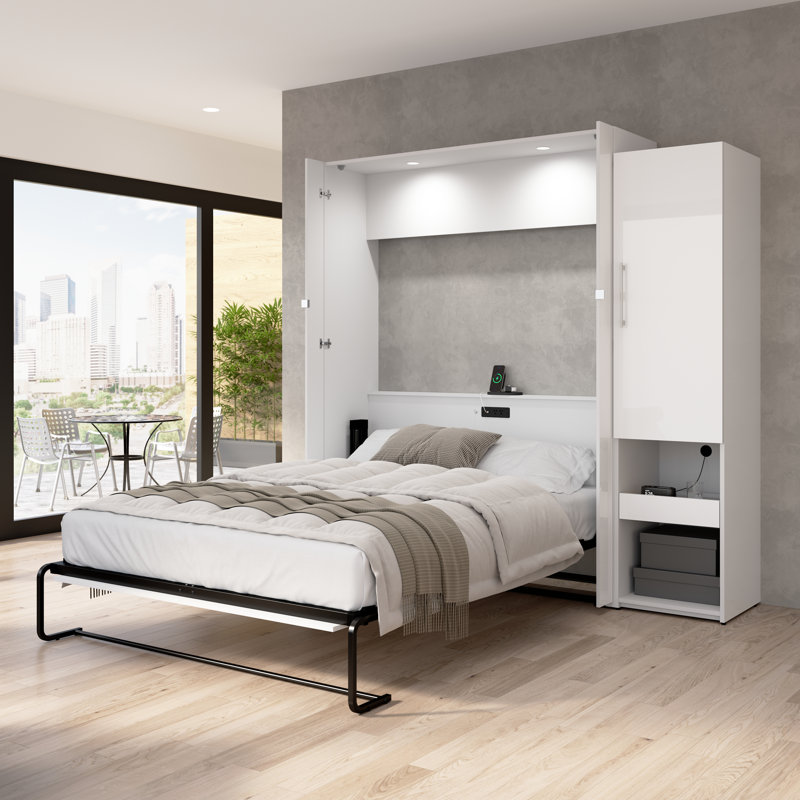 Maile High-Gloss Scratch-Resistant Murphy Bed and Storage Cabinet with Door and Pull-Out Shelf, Queen