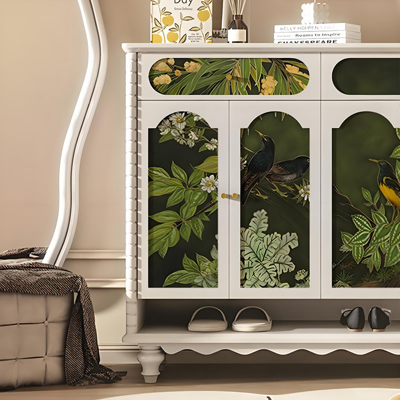 French Style Solid Wood Entryway Shoe Cabinet, Ivory White