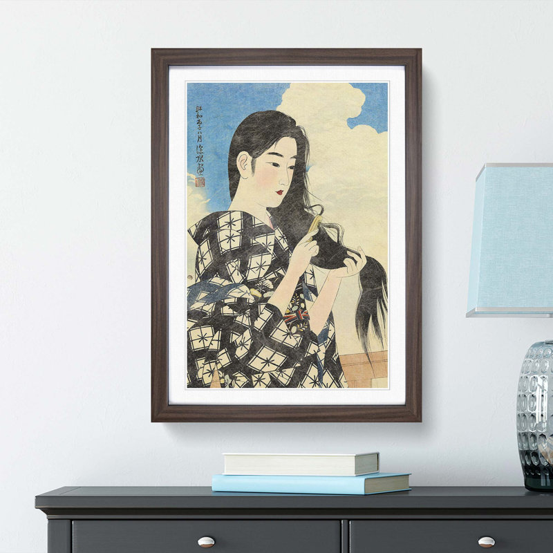 Girl Combing Her Hair by Ito Shinsui - Picture Frame Painting Print, 65cm H x 48cm W x 2cm D, Walnut Framed