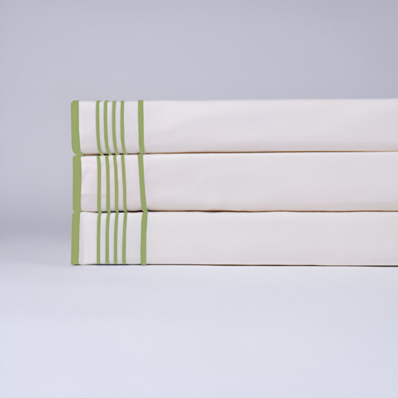 Smart Border 400TC Cotton Embroidery Cotton 4 Piece Sheet Set Fitted Sheet Fits Upto 16" Deep Pocket, Sage Border