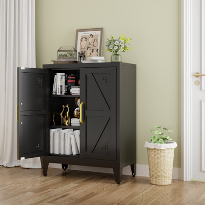 ZLBRDS Pack Of 2 Small Storage Cabinet, Metal Adjustable Shelves, Bathroom Storage Cabinet With Doors For Entryway, Living Room, Hallway, Black